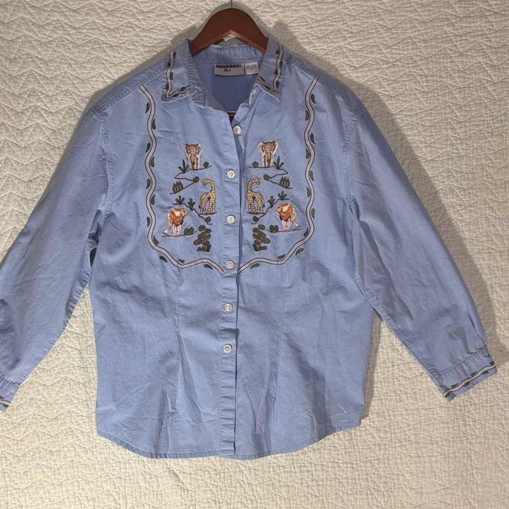 Embroidered Blue Button Down Shirt 100% Cotton Vintage 90s